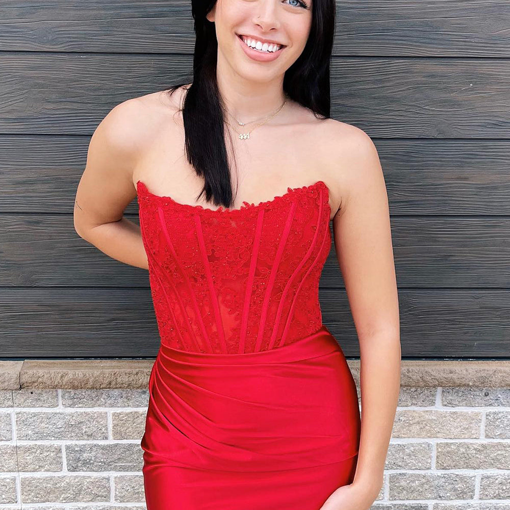 red tight strapless dress Yasmin Bandeau Mini in Slinky Above mid Long Red Poofy Dress With