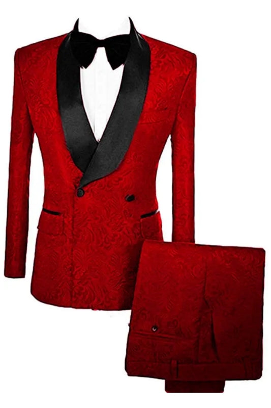 Lyndon Bespoke Red Double Breasted Jacquard Wedding Suits With Velvet Lapel