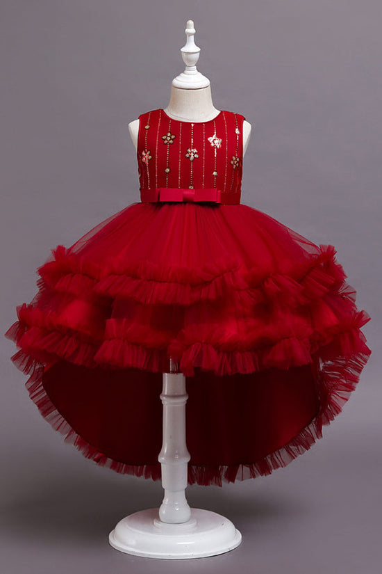Red High Low Belt Tulle Ruffles Flower Girl Dresses-BIZTUNNEL