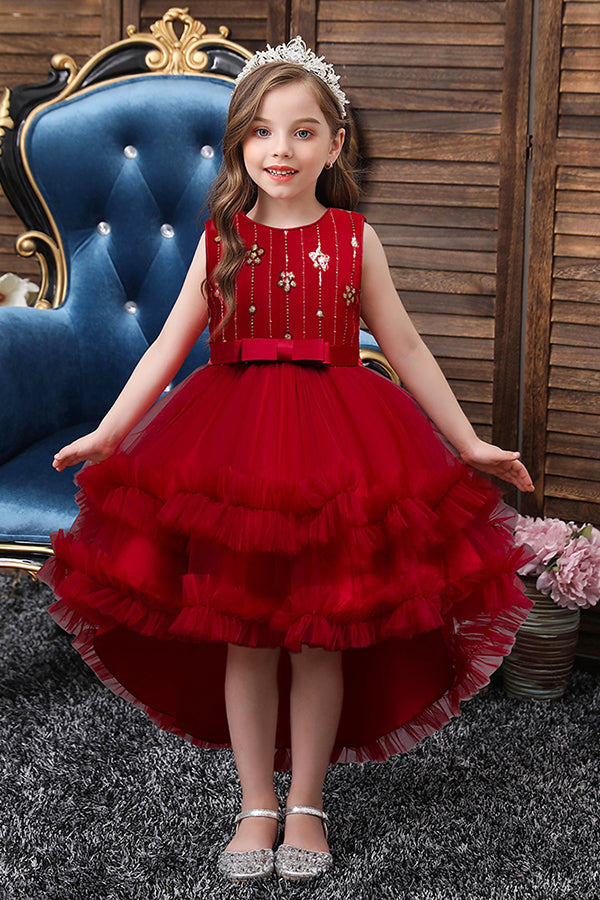 Red High Low Belt Tulle Ruffles Flower Girl Dresses-BIZTUNNEL