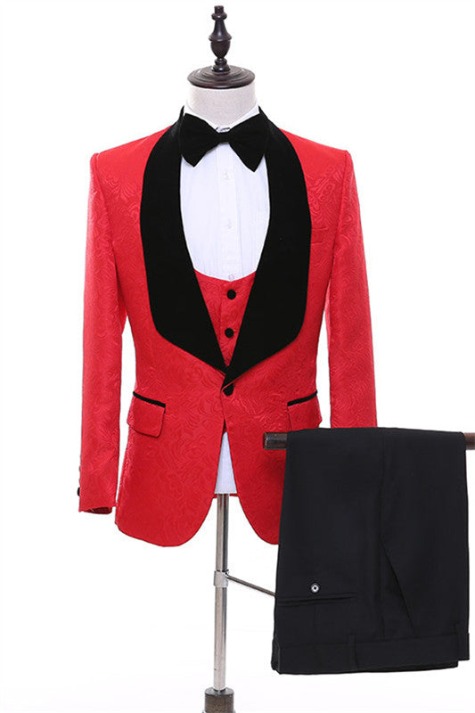 Dave Fancy Red Jacquard Three Pieces Shawl Lapel Wedding Suits For Men