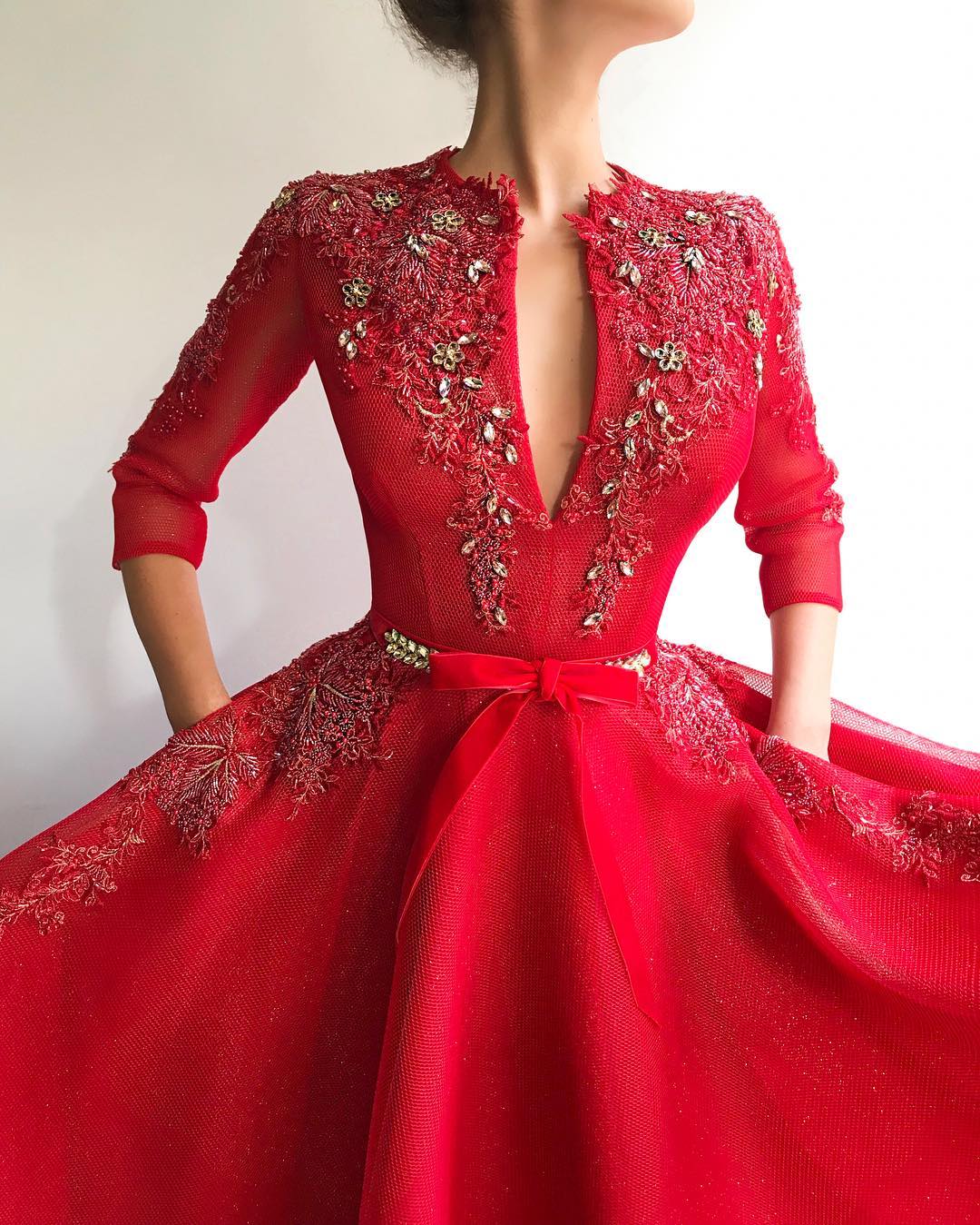Red Long A-line Deep V-neck Tulle Prom Dress with Sleeves-BIZTUNNEL