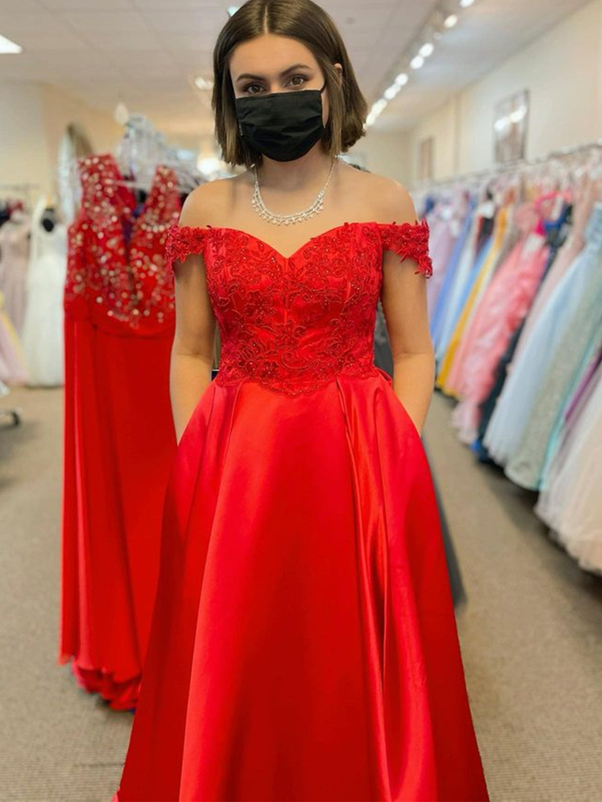 Red Long A-line Off The Shoulder Satin Lace Prom Dresses with Slit-BIZTUNNEL