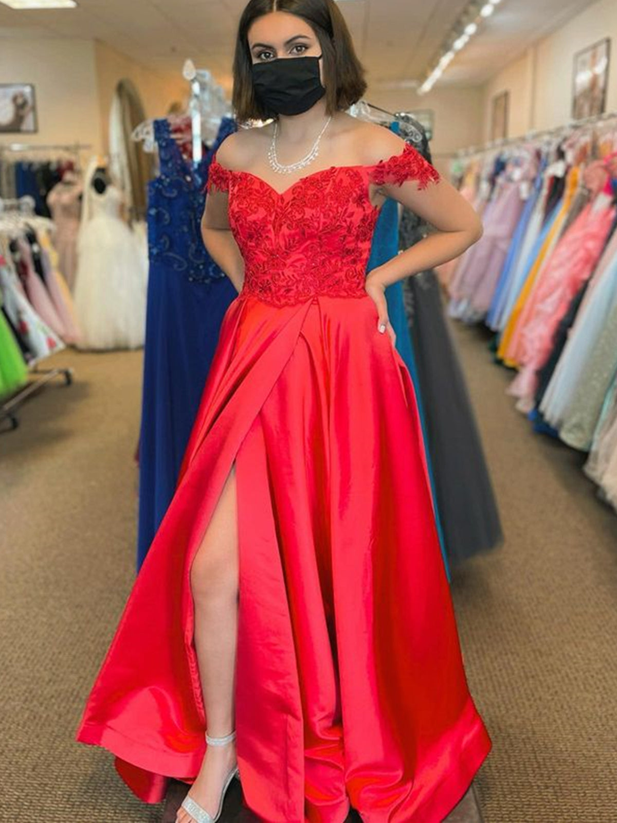 Red Long A-line Off The Shoulder Satin Lace Prom Dresses with Slit-BIZTUNNEL