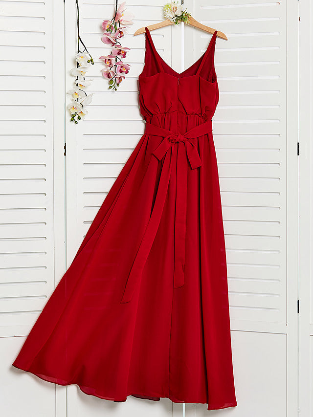 Red Long A-Line Spaghetti Strap Flower Girl Dresses Chiffon Junior Bridesmaid Dress-BIZTUNNEL