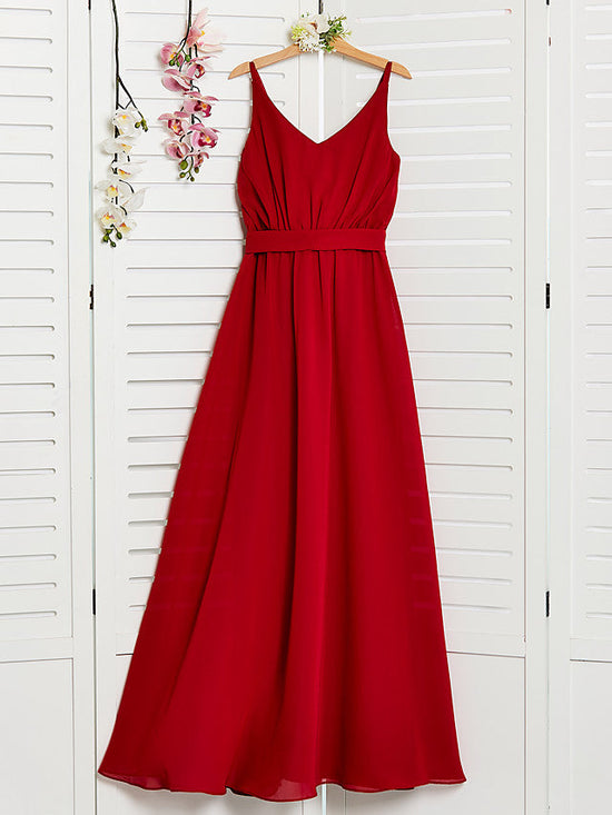 Red Long A-Line Spaghetti Strap Flower Girl Dresses Chiffon Junior Bridesmaid Dress-BIZTUNNEL