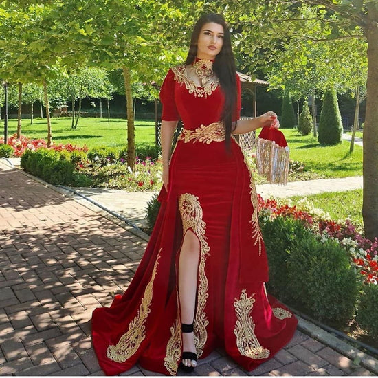 Red Long A-line Sweetheart Appliques Lace Split Velvet Prom Dress with Sleeves-BIZTUNNEL