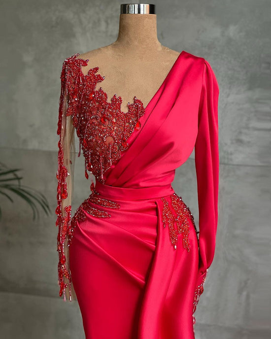 Red Long Mermaid Satin Prom Dress with Sleeves-BIZTUNNEL