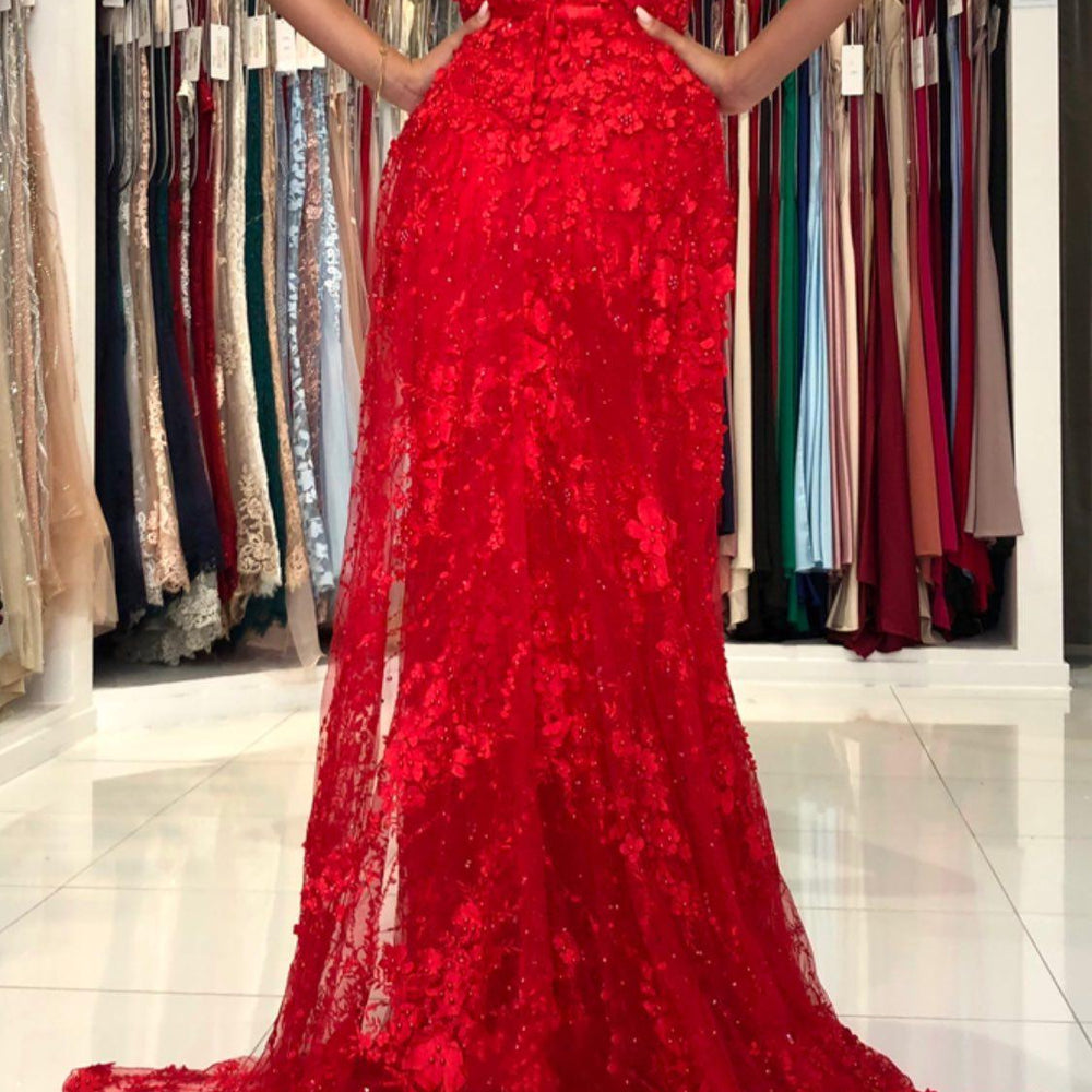 red lace prom dress Dark Off-the-shoulder Trumpet the epitome of opulence A-Line Halter Sweep Train Red