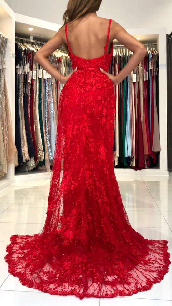 Load image into Gallery viewer, Red Long Mermaid V-neck Spaghetti Straps Backless Lace Prom Dress-BIZTUNNEL
