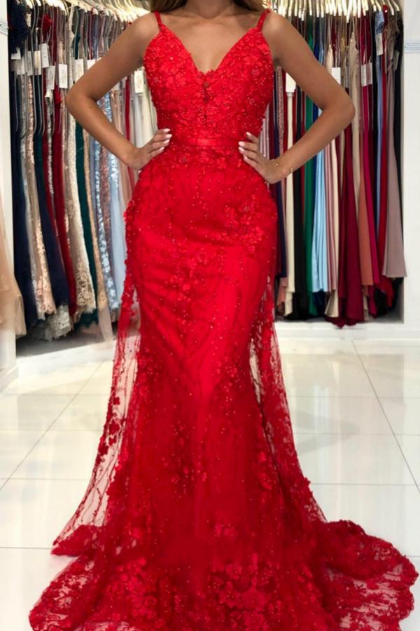 Red Long Mermaid V-neck Spaghetti Straps Backless Lace Prom Dress-BIZTUNNEL