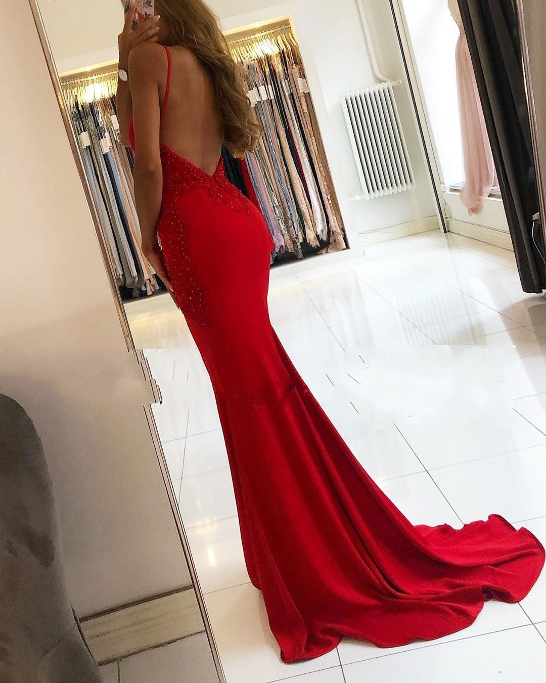 Red Long Mermaid V-neck Spaghetti Straps Backless Prom Dresses-BIZTUNNEL