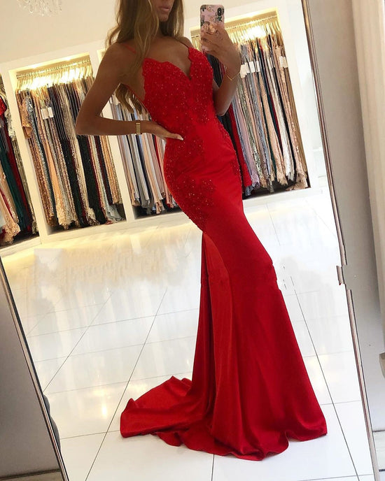 Red Long Mermaid V-neck Spaghetti Straps Backless Prom Dresses-BIZTUNNEL