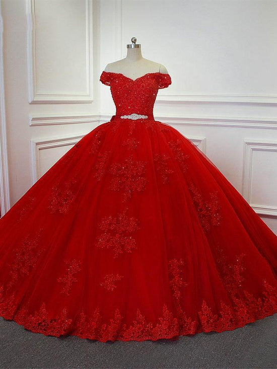 Red Long Princess Off the Shoulder Tulle Lace Wedding Dresses-BIZTUNNEL