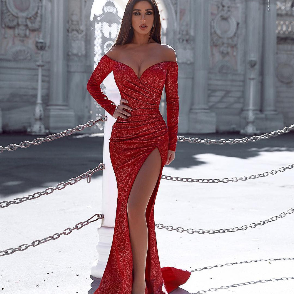 long sleeve red mermaid prom dress Red Long Sleeves Off-the-shoulder Mermaid Prom Dress With Slit