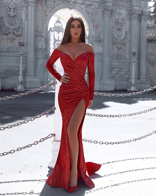 Red Long Sleeves Off-the-shoulder Mermaid Prom Dress With Slit-BIZTUNNEL