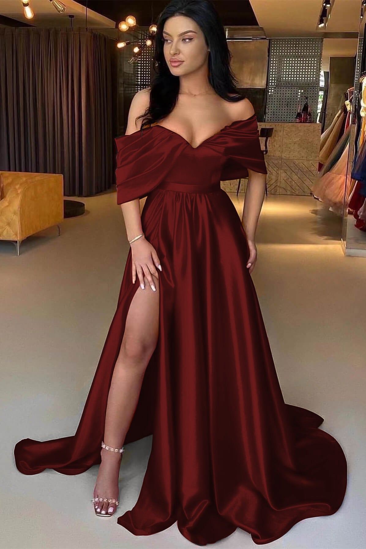 Red Long Off The Shoulder A-Line Satin Formal Prom Dress with Split Red Long Off The Shoulder A-Line Satin Formal Prom Dress with Split