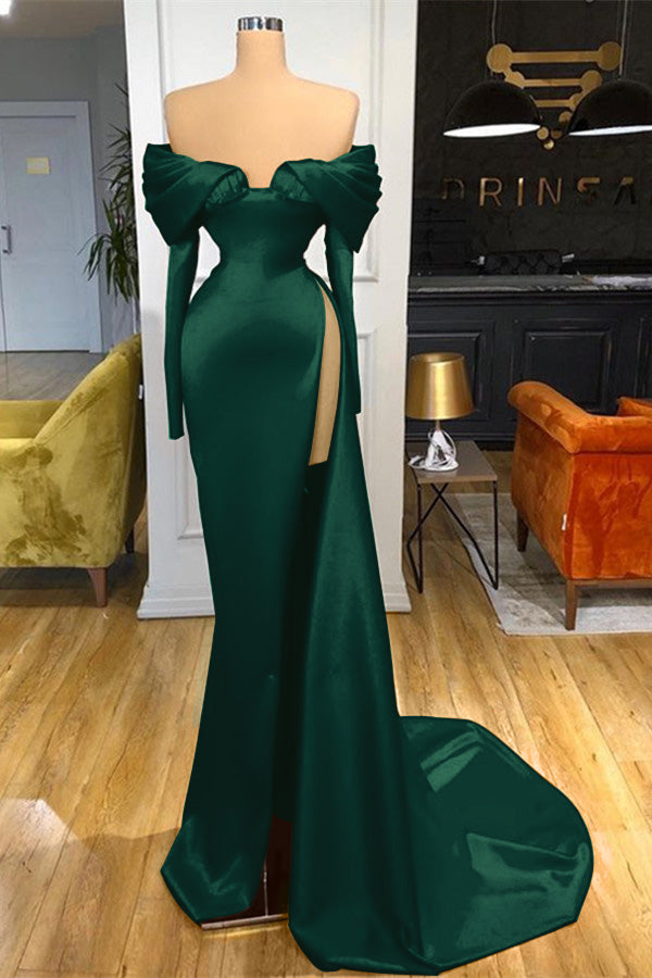 Red Off the Shoulder Long Sleeves Satin Mermaid Prom Dress with Split Red Off the Shoulder Long Sleeves Satin Mermaid Prom Dress with Split