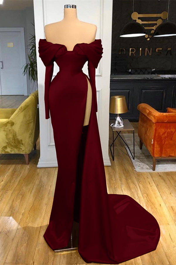 Red Off the Shoulder Long Sleeves Satin Mermaid Prom Dress with Split Red Off the Shoulder Long Sleeves Satin Mermaid Prom Dress with Split