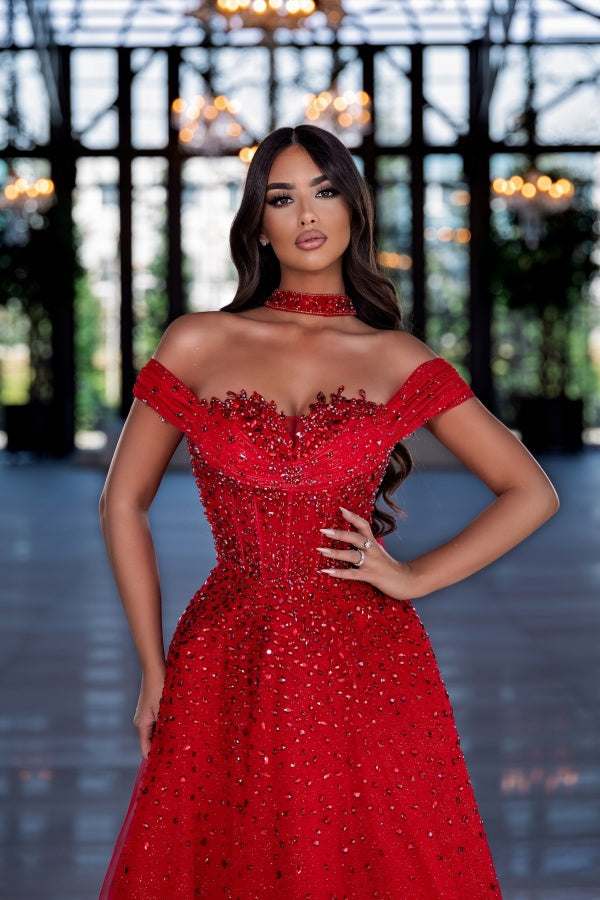 Red Long Off-the-Shoulder Mermaid Evening Dresses with Beaded