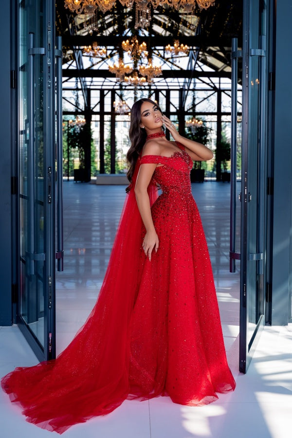 
                  
                    Red Long Off-the-Shoulder Mermaid Evening Dresses with Beaded
                  
                