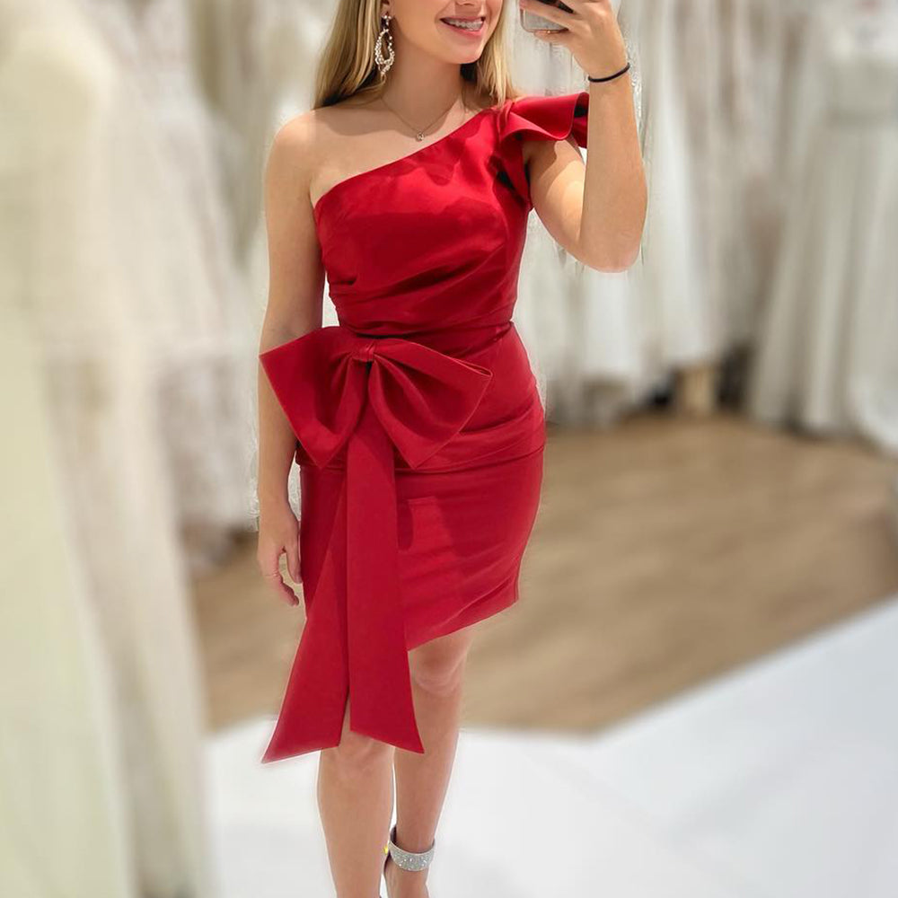 Red One Shoulder Tight Short Homecoming Dress With Bow – BIZTUNNEL