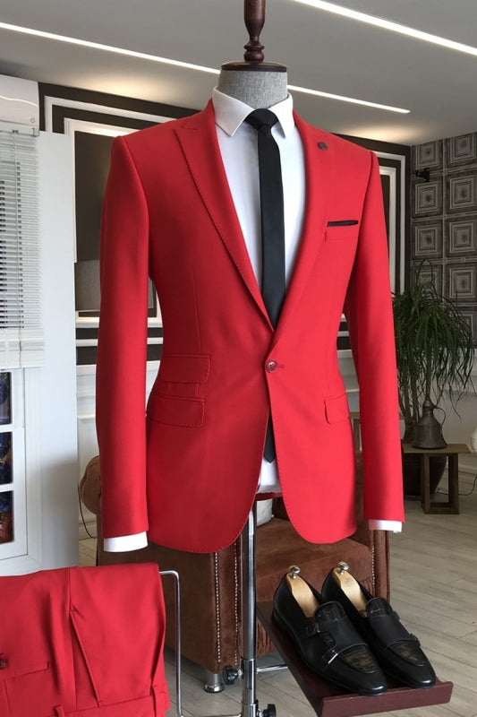 Heather Red Peaked Lapel Two Pieces Slim Fit Men Suits For Prom