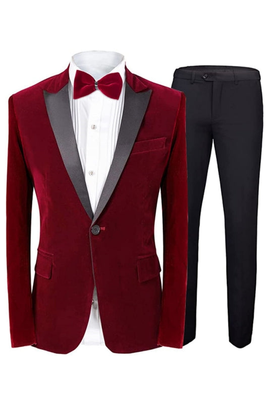 Baird Fancy Red Peaked Lapel Two Pieces Velvet Suits For Prom
