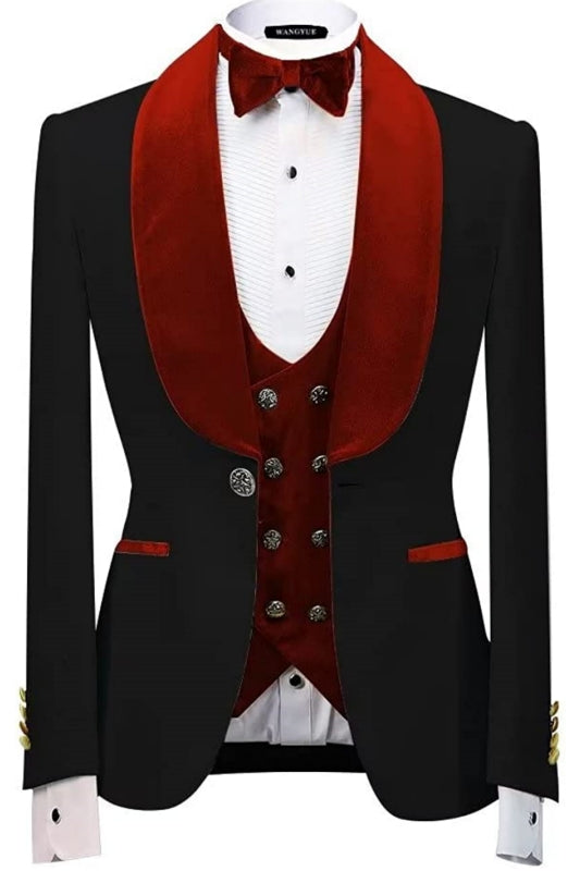 Neil Red Shawl Lapel Three Pieces Slim Fit Velvet Wedding Suits