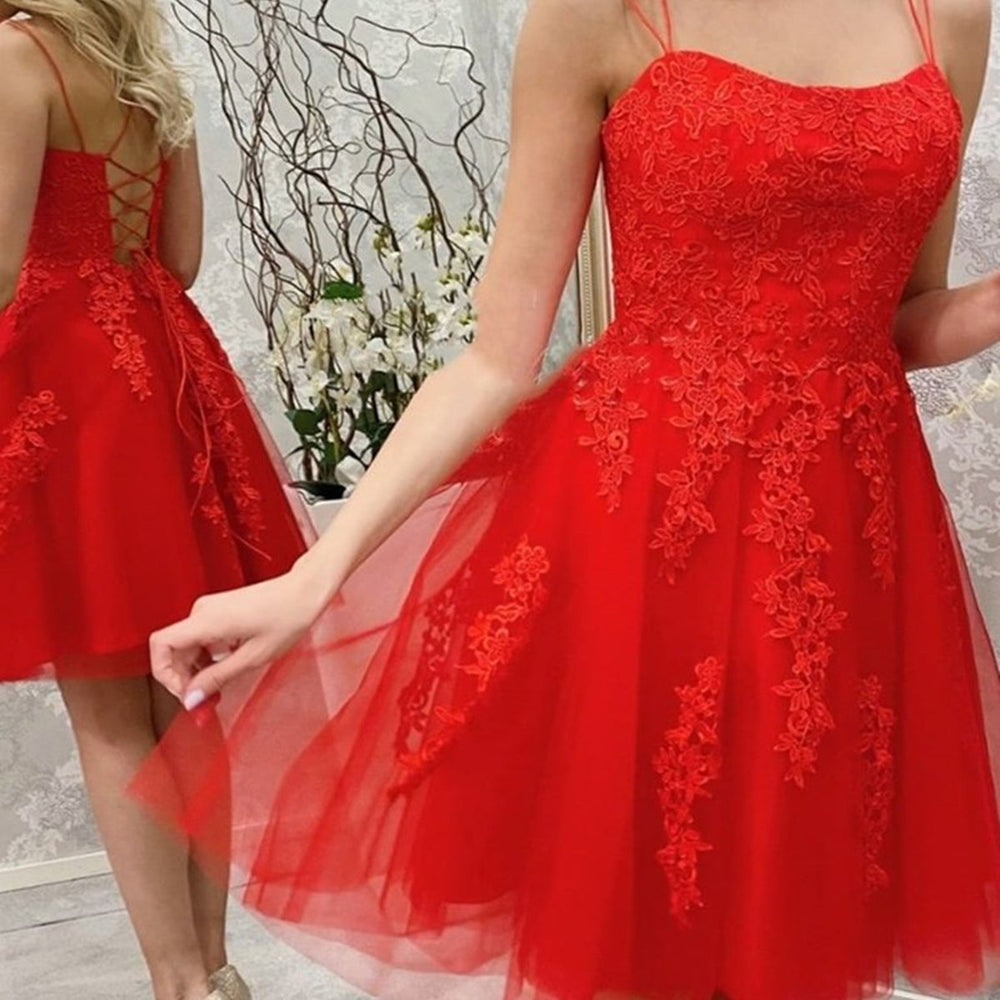 Red Short A-line Strapless Tulle Lace Backless Prom Homecoming Dresses BIZTUNNEL Red Short A-line Strapless Tulle Lace Backless Prom Homecoming Dresses BIZTUNNEL