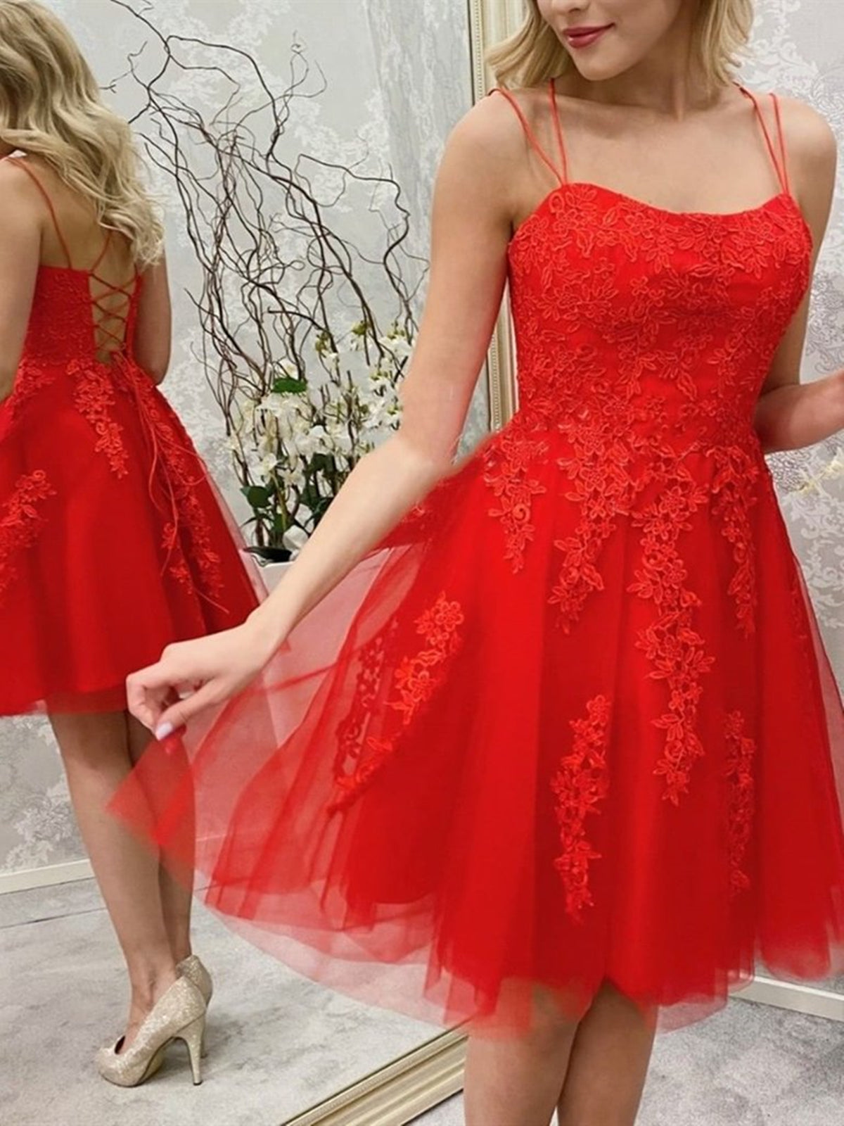 Red Short A-line Strapless Tulle Lace Backless Prom Homecoming Dresses-BIZTUNNEL