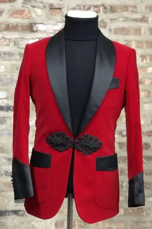 SSner Fashion Red Velvet Wedding Suits With Black Satin Lapel
