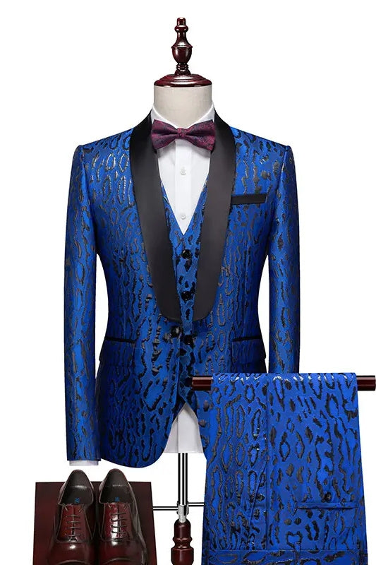 Richie Blue Jacquard Shawl Lapel Three Pieces Slim Fit Wedding Suits