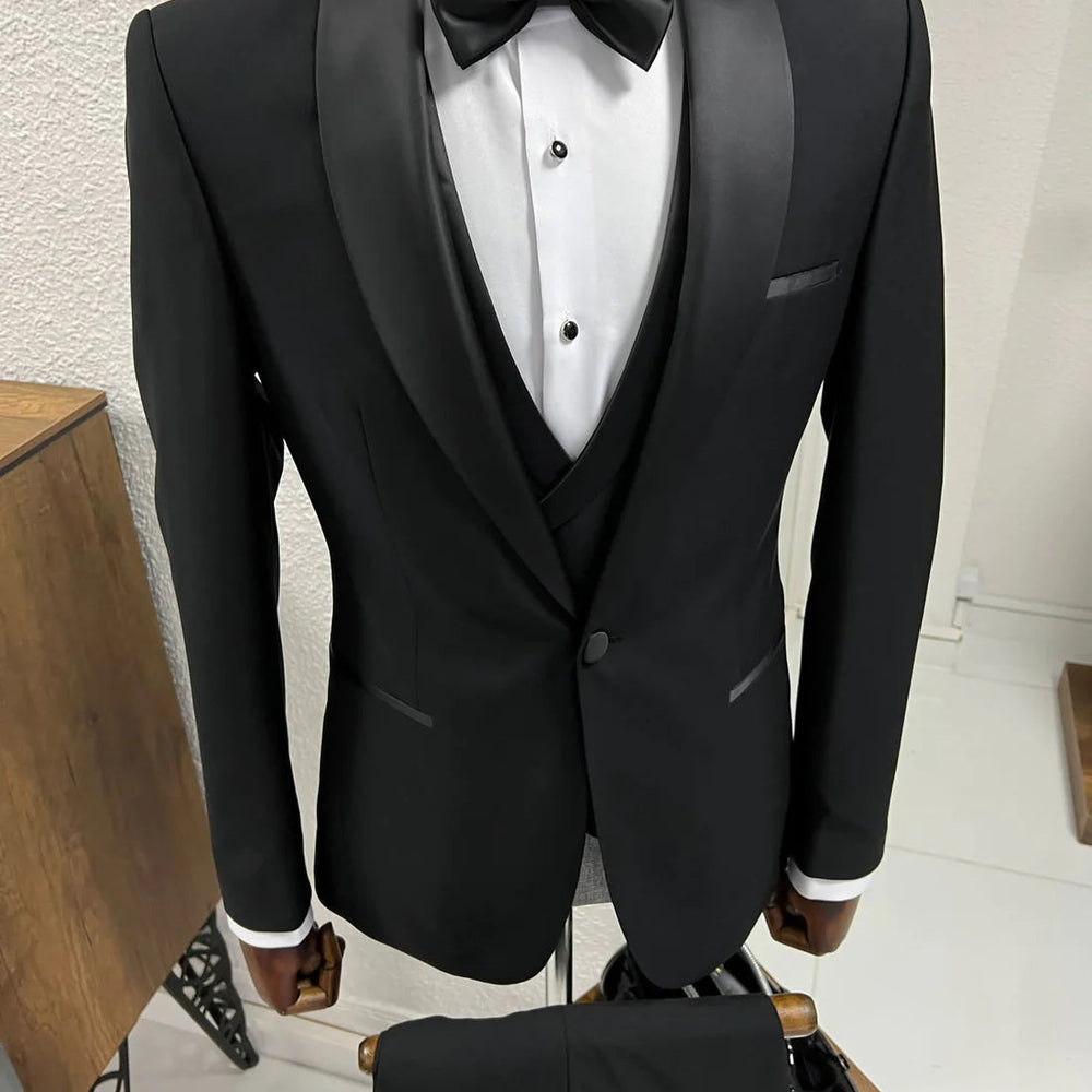
                  
                    Riley Black Shawl Lapel Three Pieces Bespoke Wedding Suits
                  
                