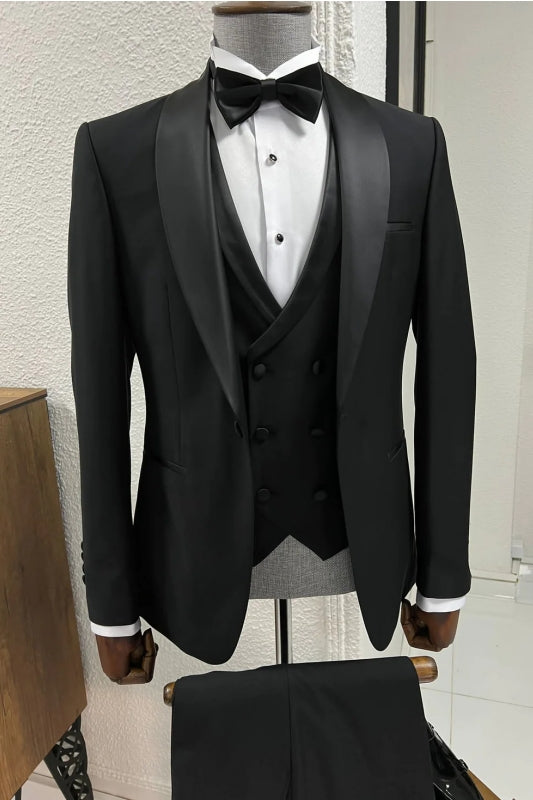 Riley Black Shawl Lapel Three Pieces Bespoke Wedding Suits