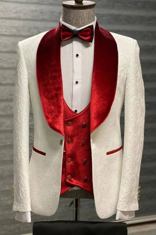 Roderick Fashion Red Velvet Shawl Lapel Three Pieces Jacquard Wedding Suits