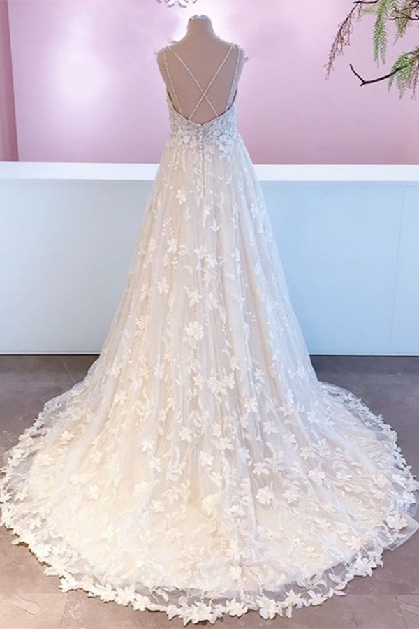 Carregar imagem no visualizador da galeria, Romantic Long A-Line Sweetheart Appliques Lace Tulle Wedding Dress-BIZTUNNEL

