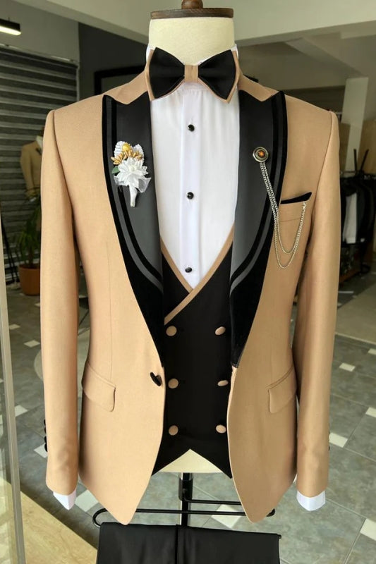 Rory Modern Khaki Peaked Lapel Three Pieces Men Suits For Prom