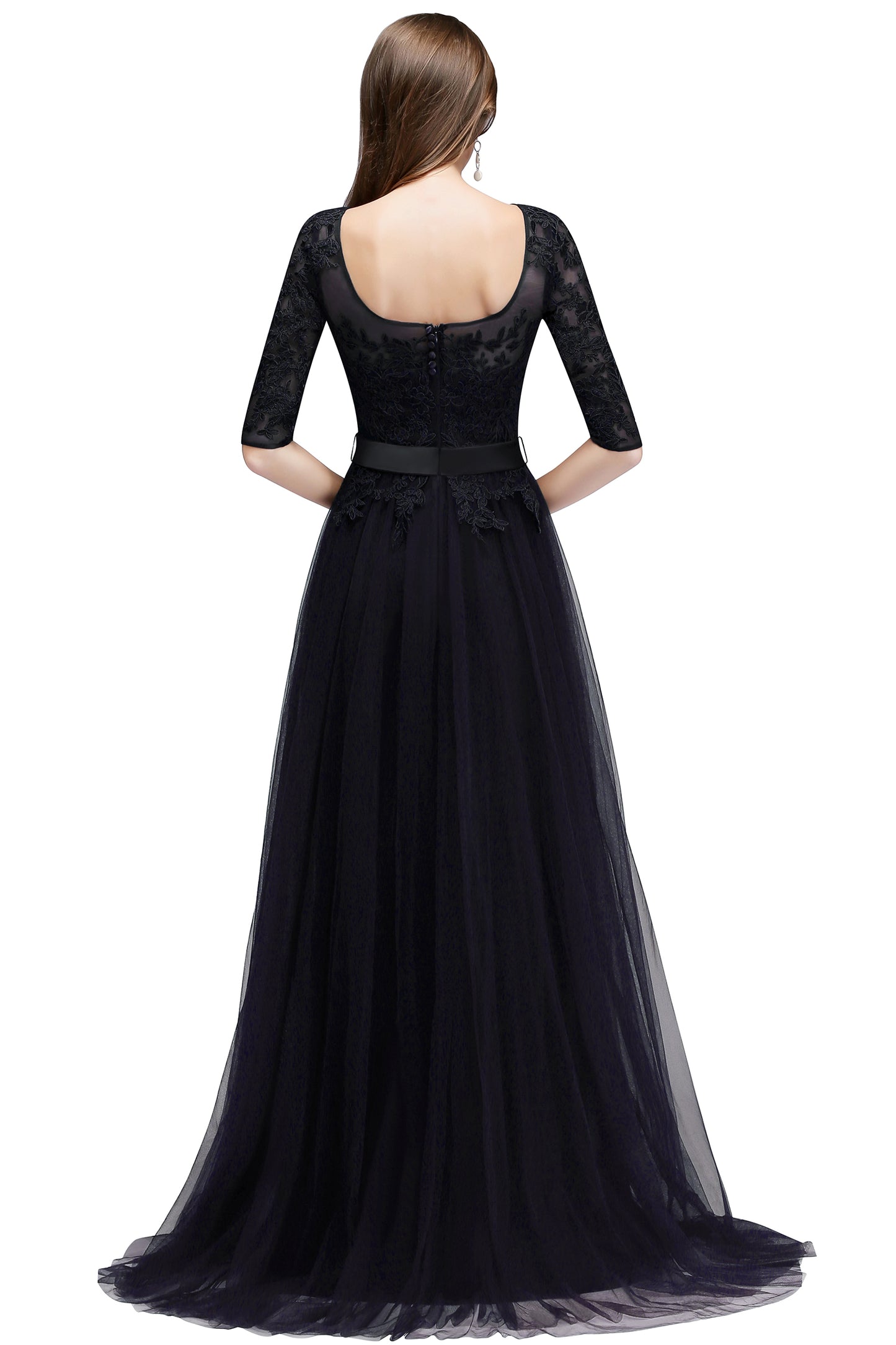 Round Neck Half Sleeves A Line Tulle Lace Appliques Long Bridesmaid Dresses Black / US6 Round Neck Half Sleeves A Line Tulle Lace Appliques Long Bridesmaid Dresses Black / US6