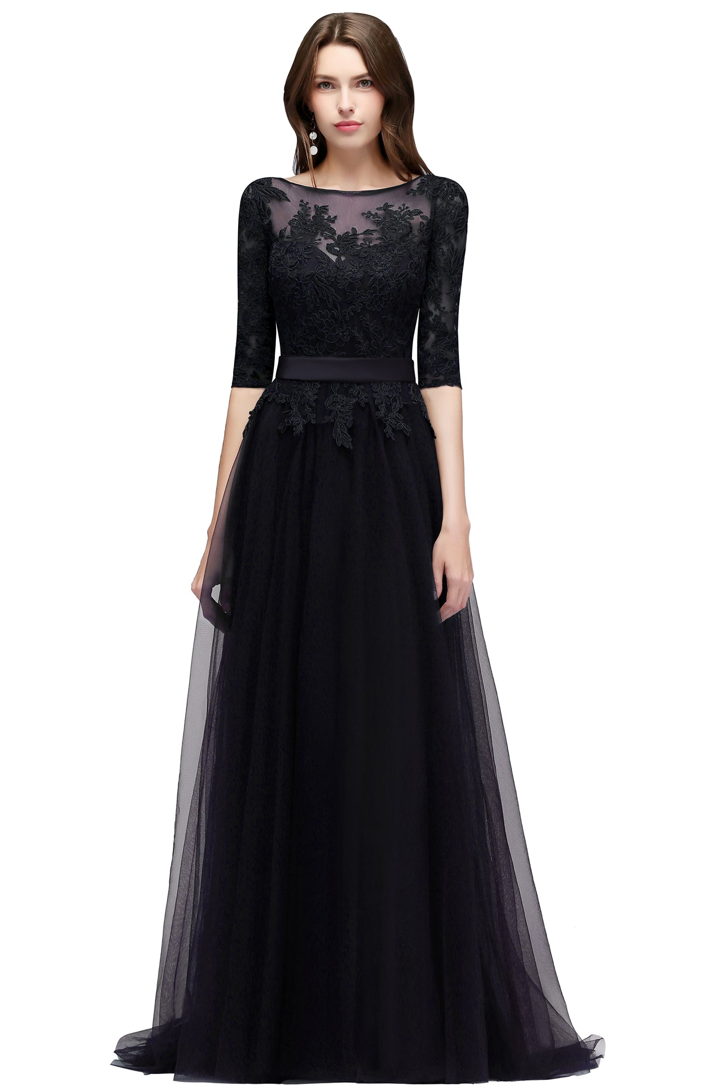 Round Neck Half Sleeves A line Tulle Lace Appliques Long Bridesmaid Dr BIZTUNNEL Round Neck Half Sleeves A line Tulle Lace Appliques Long Bridesmaid Dr BIZTUNNEL
