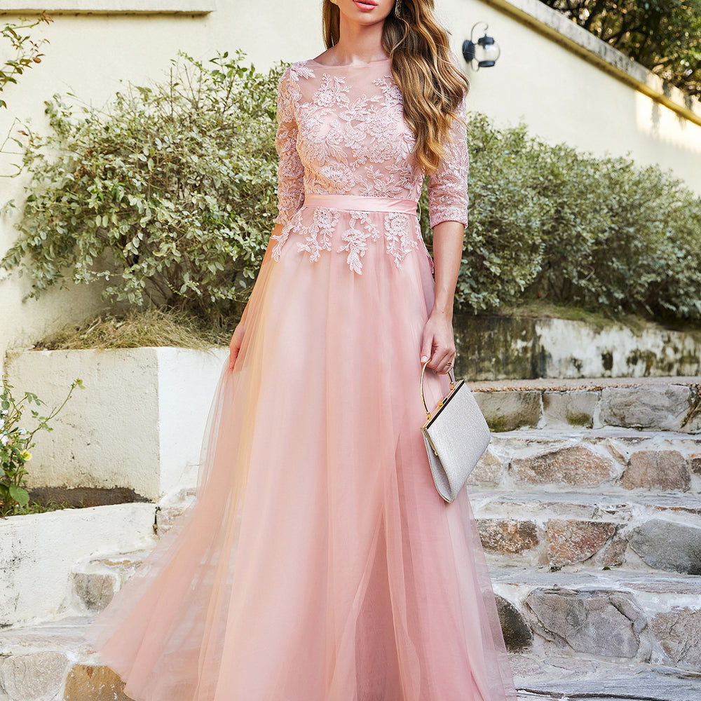 long graduation dresses with sleeves Cap Green Satin Prom Pockets, Green Cap Slee morievent bridal shower party Long Sleeve Light Gray Lace
