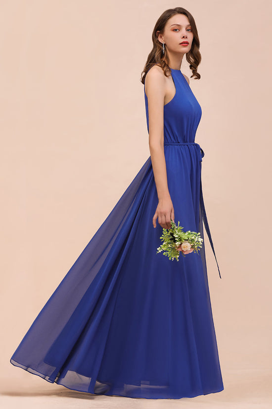 Royal Blue A-Line Chiffon Halter Bridesmaid Dress Long Wedding Guest Dress-BIZTUNNEL