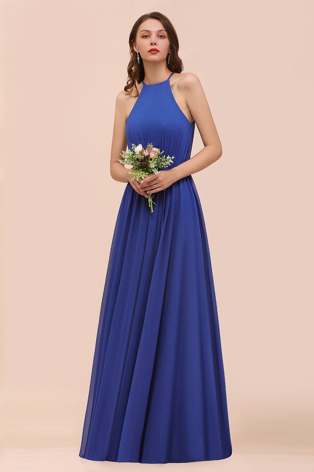 Royal Blue A-Line Chiffon Halter Bridesmaid Dress Long Wedding Guest Dress-BIZTUNNEL