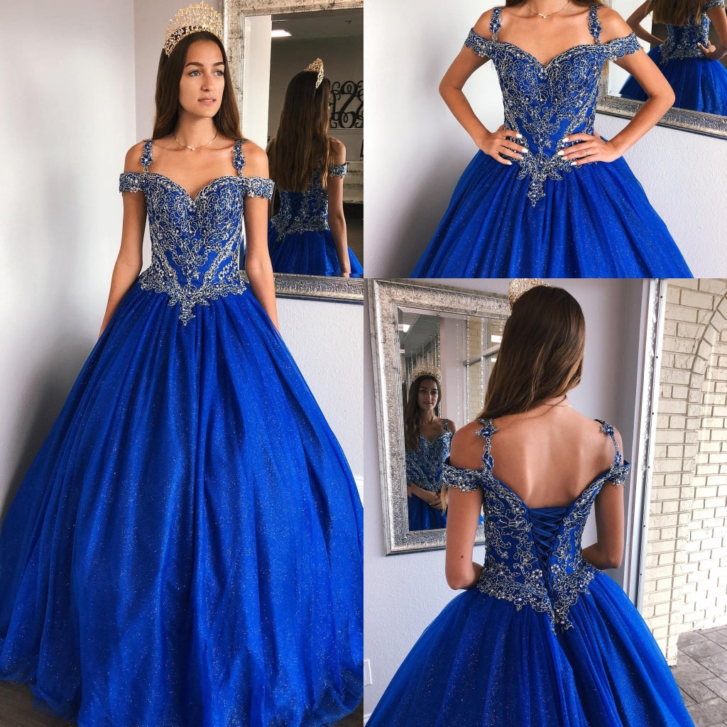 Load image into Gallery viewer, Royal Blue Ball Gown Spaghetti Straps Satin Quinceanera Dress-BIZTUNNEL
