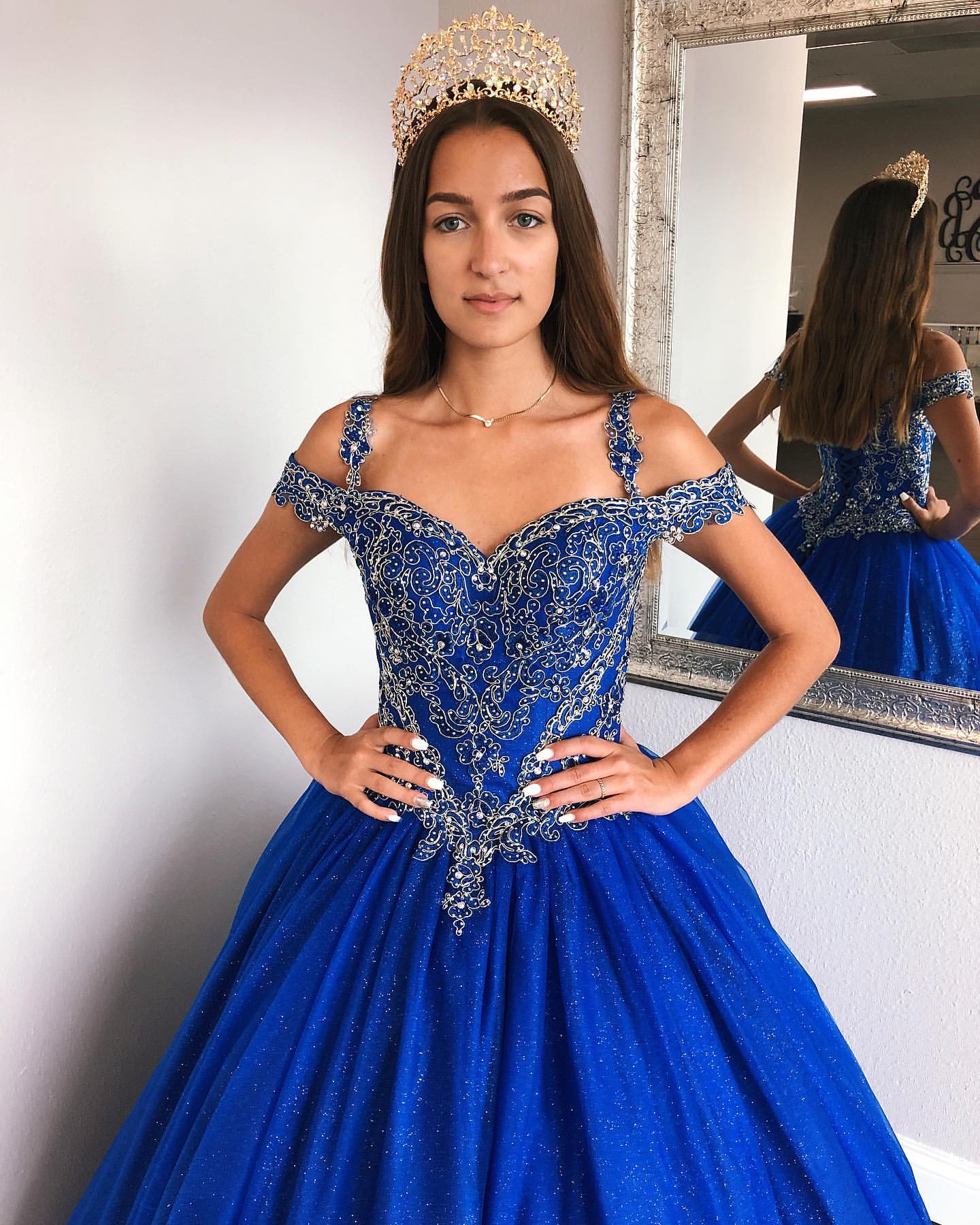 Load image into Gallery viewer, Royal Blue Ball Gown Spaghetti Straps Satin Quinceanera Dress-BIZTUNNEL
