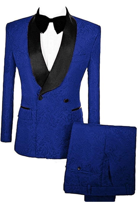 Marvin Royal Blue Double Breasted Jacquard Close Fitting Wedding Suits With Velvet Lapel