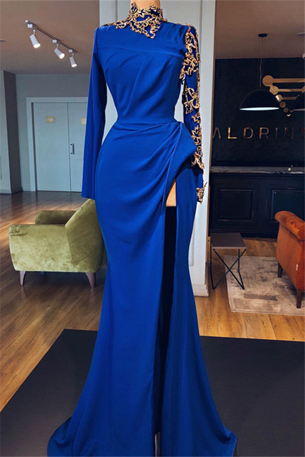 Royal Blue High Neck Mermaid Prom Dresses with Slit Elegant Long Sleeves Evening Gowns-BIZTUNNEL