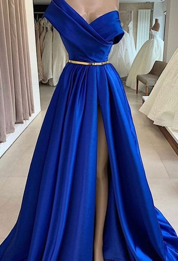Royal Blue Long A-line One Shoulder Satin Prom Dresses with Slit-BIZTUNNEL