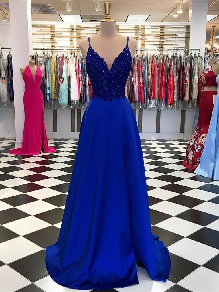 Load image into Gallery viewer, Royal Blue Long A-Line Sequins Satin V-neck Prom Dresses-BIZTUNNEL
