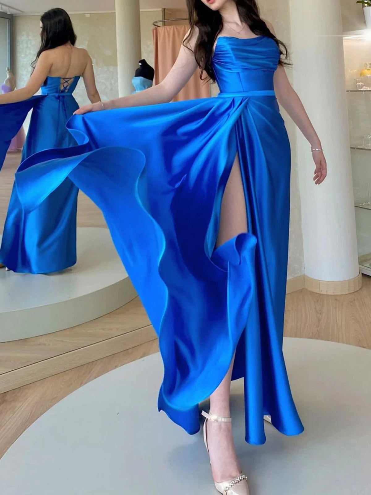 Royal Blue Long A-line Strapless Open Back Satin Formal Graduation Prom Dresses with Slit-BIZTUNNEL